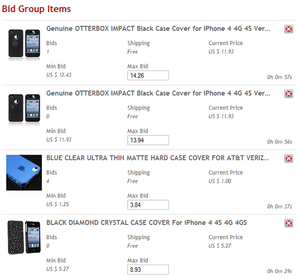 Maximum bids for bid group items