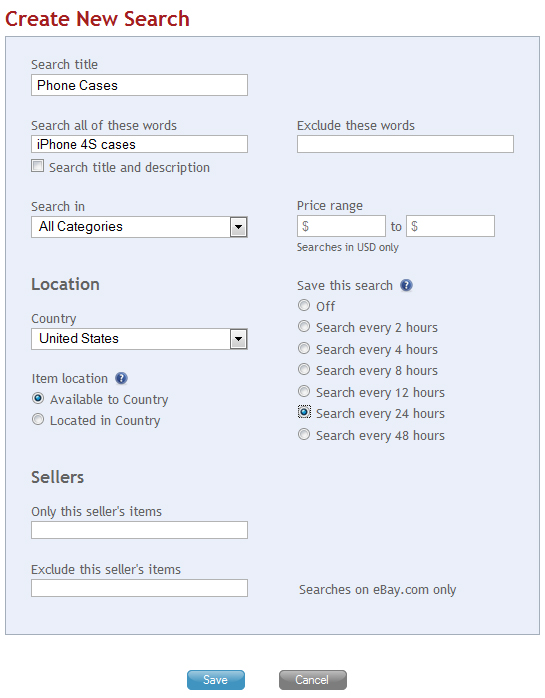Create new eBay search on Auction Sniper